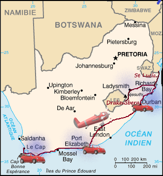 carte de notre parcours du Cap au Drakensberg. Afrique du sud