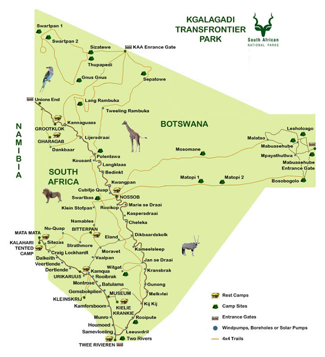 carte du parc Kgalagadi Transfrontier park