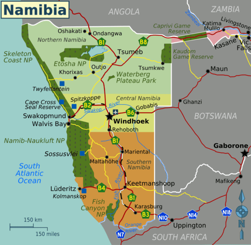 carte de la Namibie avec les parcs et réserves