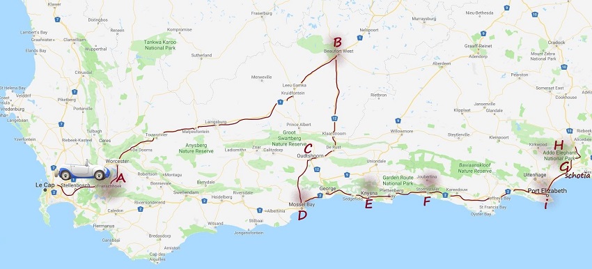 carte créer par msiafricaroadtrip.com parcours du Cap jusqu'à Addo Eléphant
Afrique du Sud.