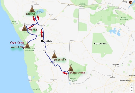 photo : carte réaliser par msiafricaroadtrip.com notrs parcours de Mata-Mata Afrique du Sud à Cape Cross Walvis Bay en Namibie.