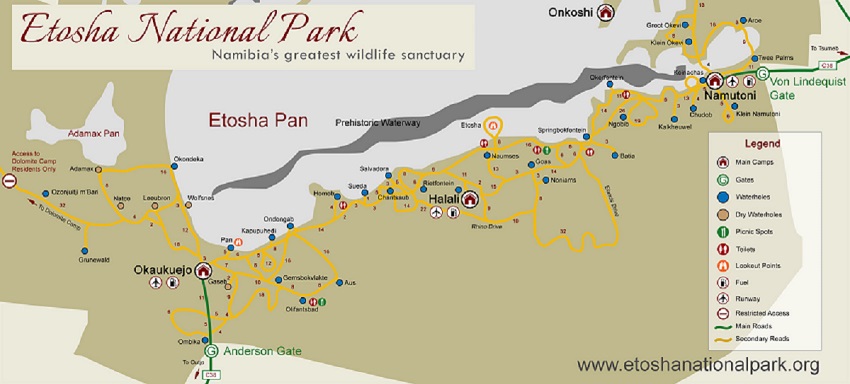 carte du parc National d'Etosha en Namibie