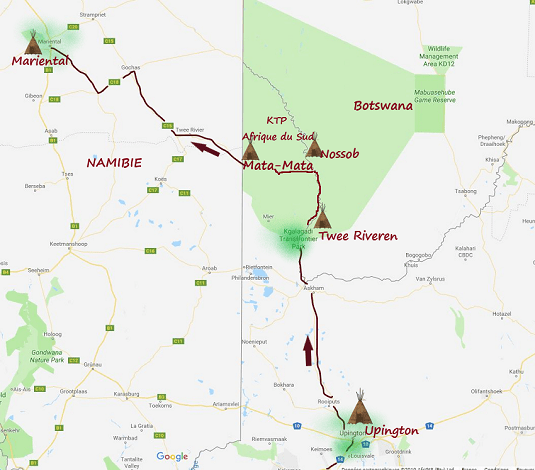 carte réalisé par msiafricaroadtrip.com  représentant avec des Tipis : les endroits où nous avons dormi, dans la région du Cap-Nord. Upington et le Kgalagadi transfrontier park. Afrique du Sud.