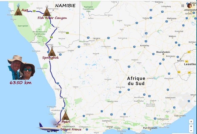 carte réaliser par msiafricaroadtrip.com parcours de Aus en Namibie jusqu'à Spingbock en Afrique du Sud.