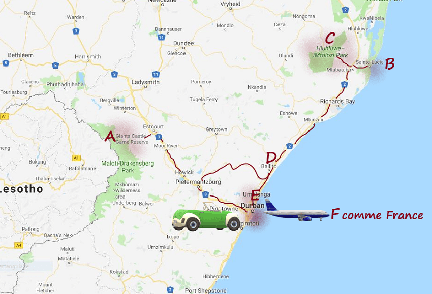 carte msiafricaroadtrip.com Durban à Giant's castle à sainte Lucia au Park Hulhuwe et Imfolosi à Balito hôtel "Fairmont Zimbali Resort" à Durban Afrique du Sud