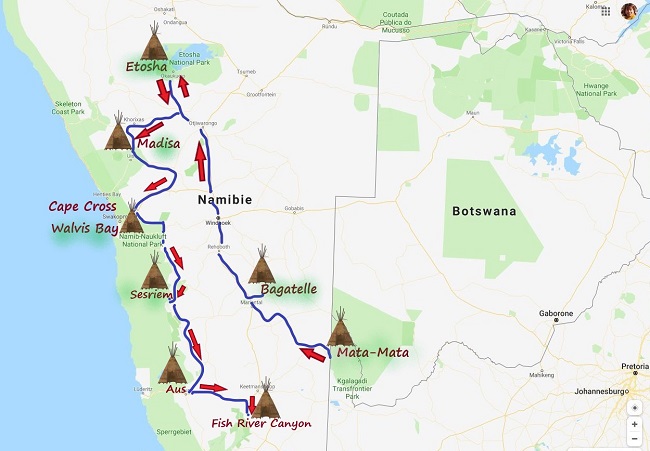 CARTE REALISER PAR MSIAFRICAROADTRIP.COM : Notre parcours de Mata-Mata en Afrique du Sud au Fish River Canyon en Namibie