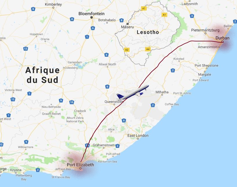 carte Port-Elizabeth pour prendre l'avion vers Durban. Afrique du sud