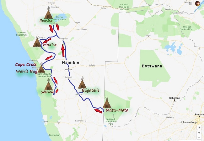 photo : carte réalisé par msiafricaroadtrip.com notre parcours de Mata-Mata KTP Afrique du sud à Walvis Bay Namibie