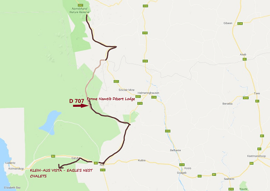 carte réaliser par msiafricaroadtrip.com notre parcoure depuis la D707 ferme Namtib Desert Lodge à Klein-Aus Vista- Eagle Nest dans le Namib en NAMIBIE