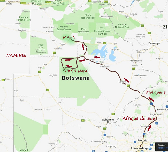 carte réaliser par msiafricaroadtrip.com notre parcours de pretoria en Afrique du sud au CKGR BOTSWANA