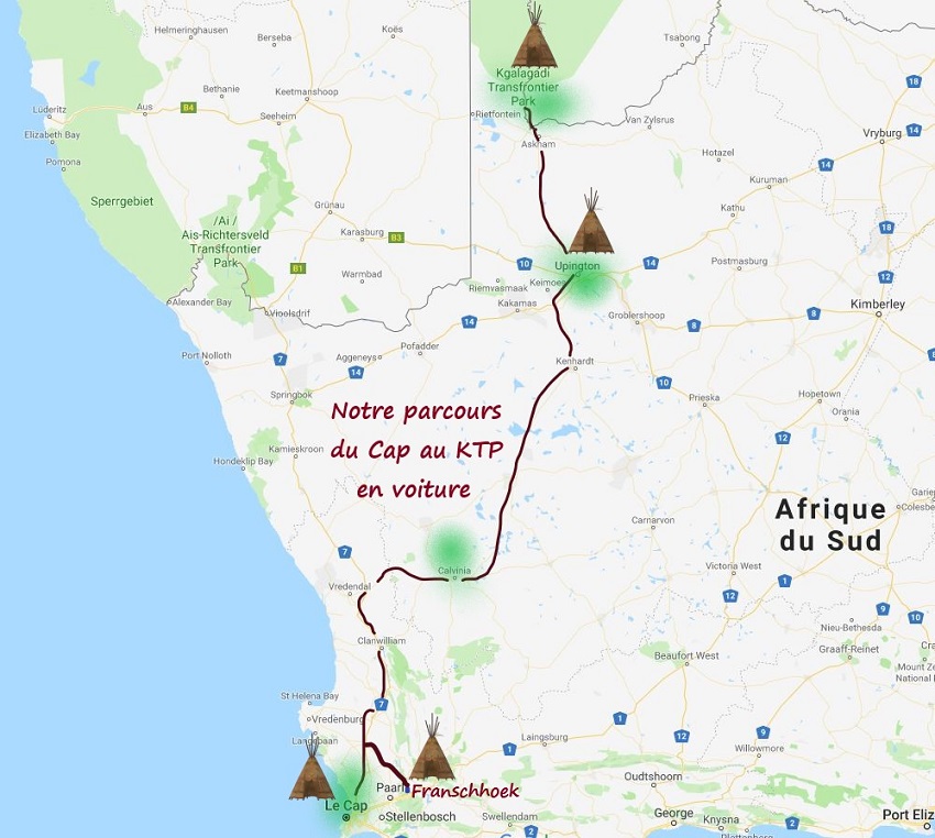 carte de notre parcours du cap en passant par Franschhoek upington jusqu'au KTP en Afrique du sud créer par msiafricaroadtrip.com 