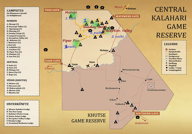 Carte source : le CKGR msiafricaroadtrip.com Notre parcours dans le CKGR (Nord) et les campsites où nous avons dormi.