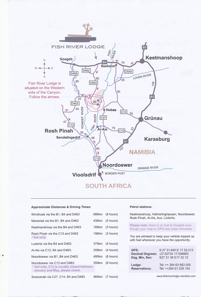 carte pour ce rendre au lodge FISH RIVER LODGE EN NAMIBIE
