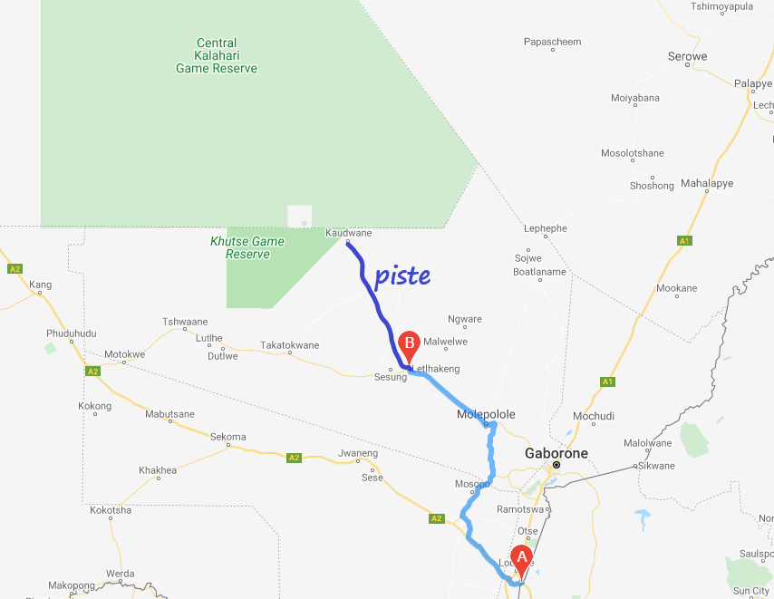 carte de notre parcours pour atteindre Khuste Game Reserve. Msiafricaroadtrip.com