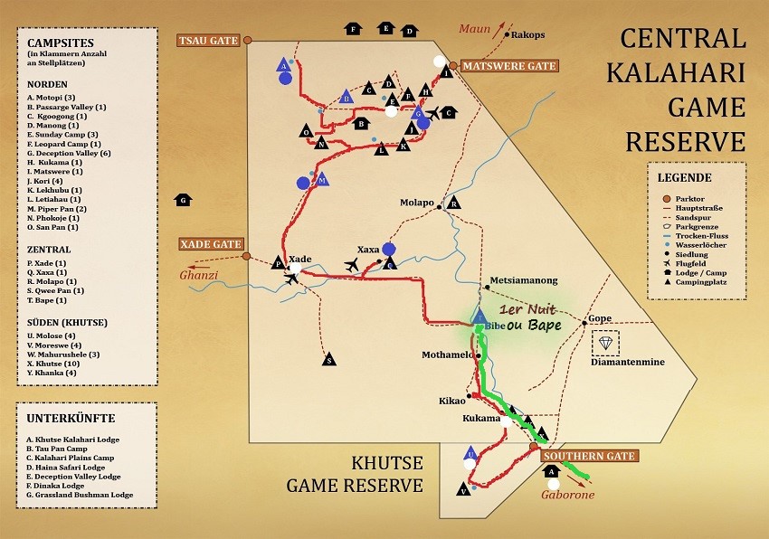 Carte du CKGR le début de notre parcours. Kalahari Botswana. msiafricaroadtrip.com
