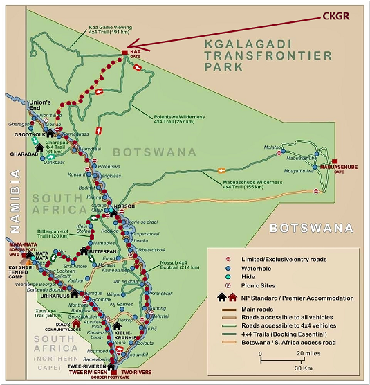 carte KTP Afrique du sud Botswana 
Parcours du CKGR jusqu'au KTP côté Botswana